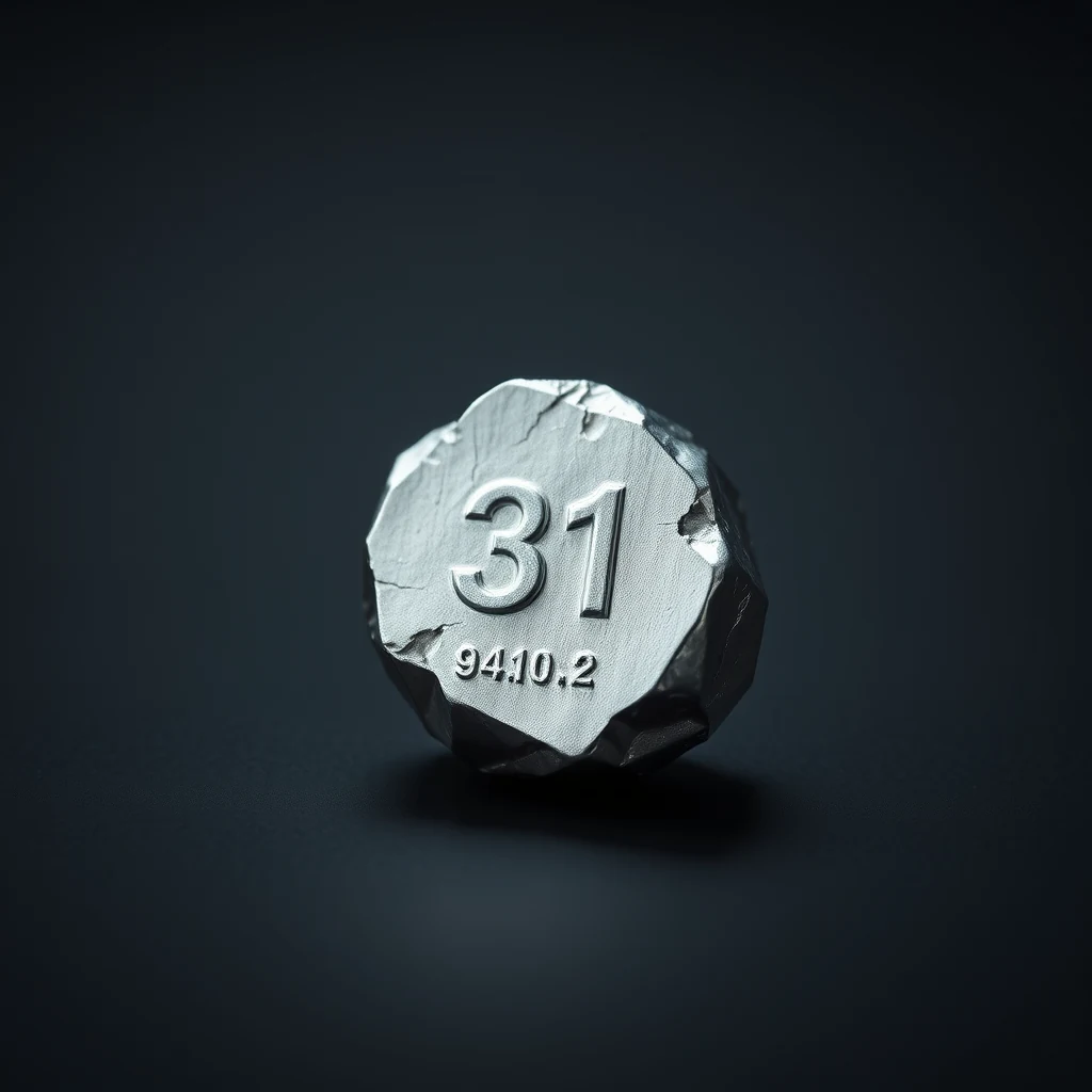 A metallic, faceted sphere with the number "31" embossed on its surface, representing gallium, element 31, with the date "94.10.2" below it.