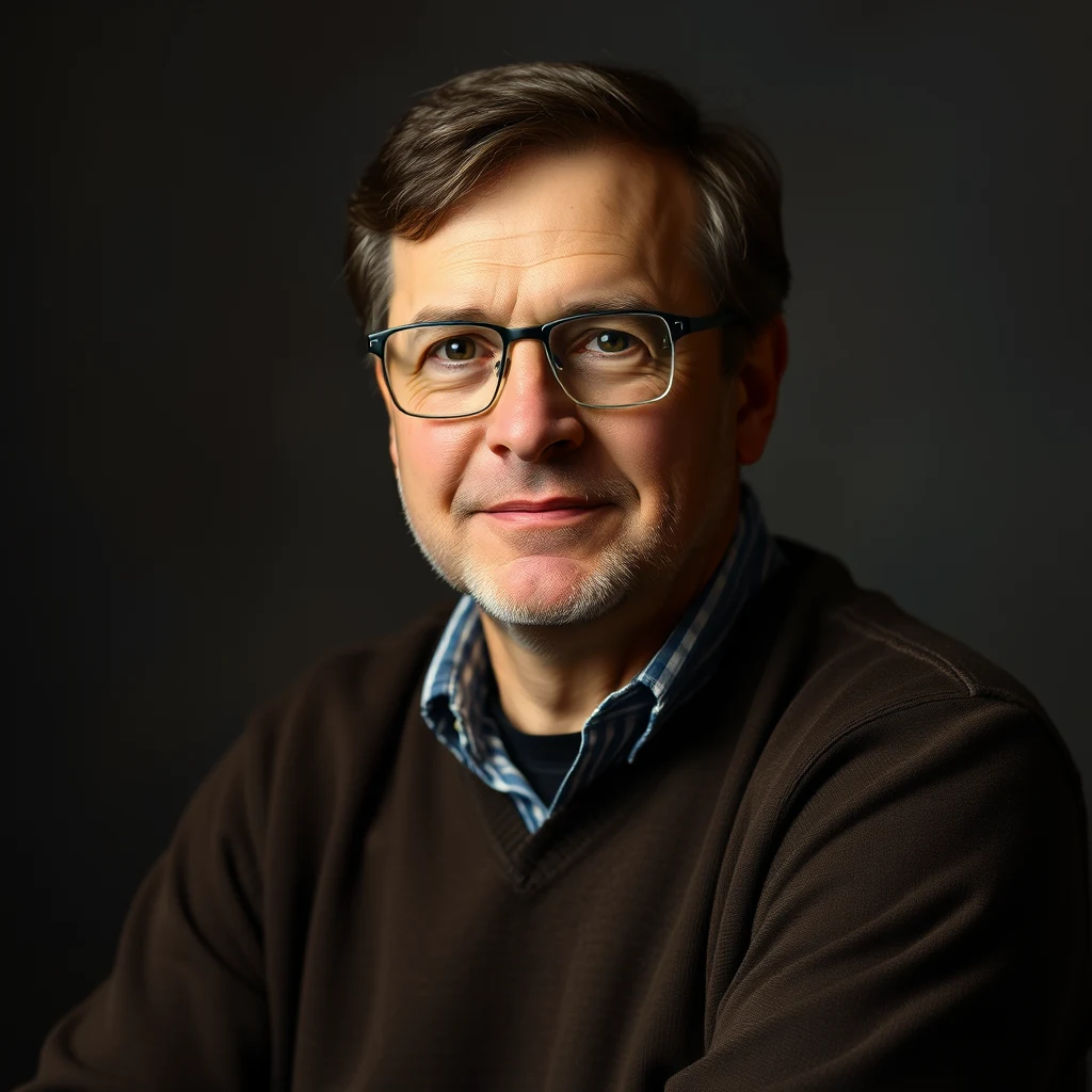A man with short brown hair and glasses, wearing a dark brown sweater over a plaid shirt, is seated against a dark background.
