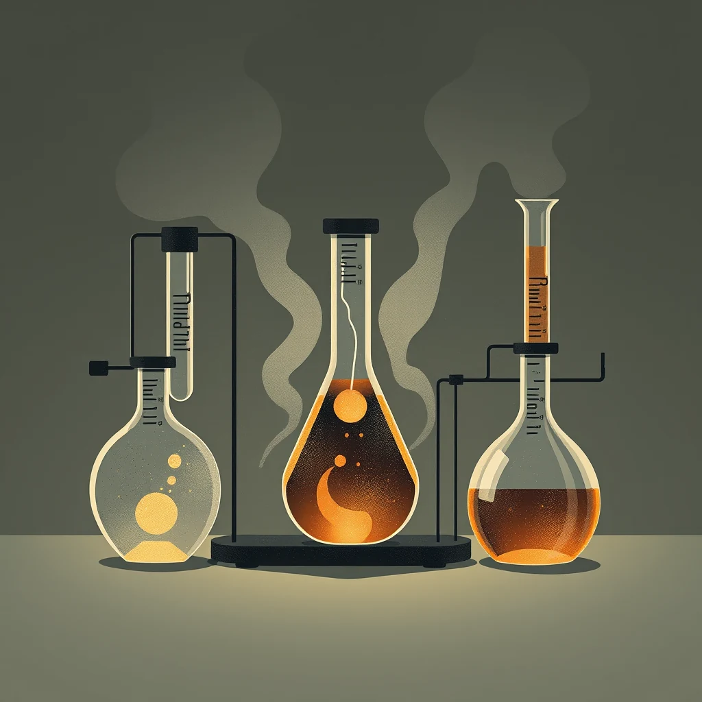 Three glass flasks with varying liquids and steam rising from one, illustrating the concept of gas chromatography, an analytical chemistry technique used to separate and analyze compounds.