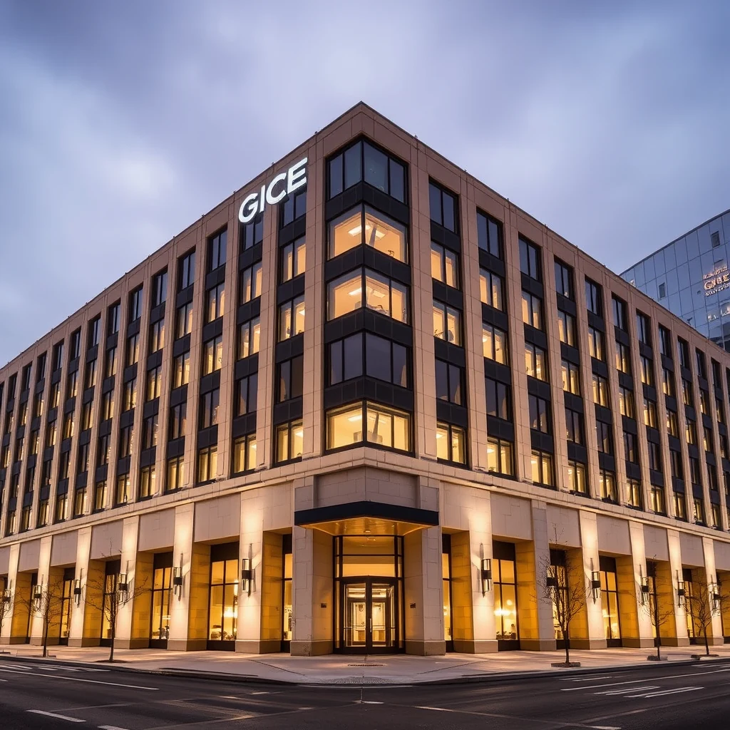 A modern building with illuminated windows and the letters "GICE" prominently displayed on its facade, indicating it is the headquarters of GICE International, a St. Louis-based structural-engineering firm.