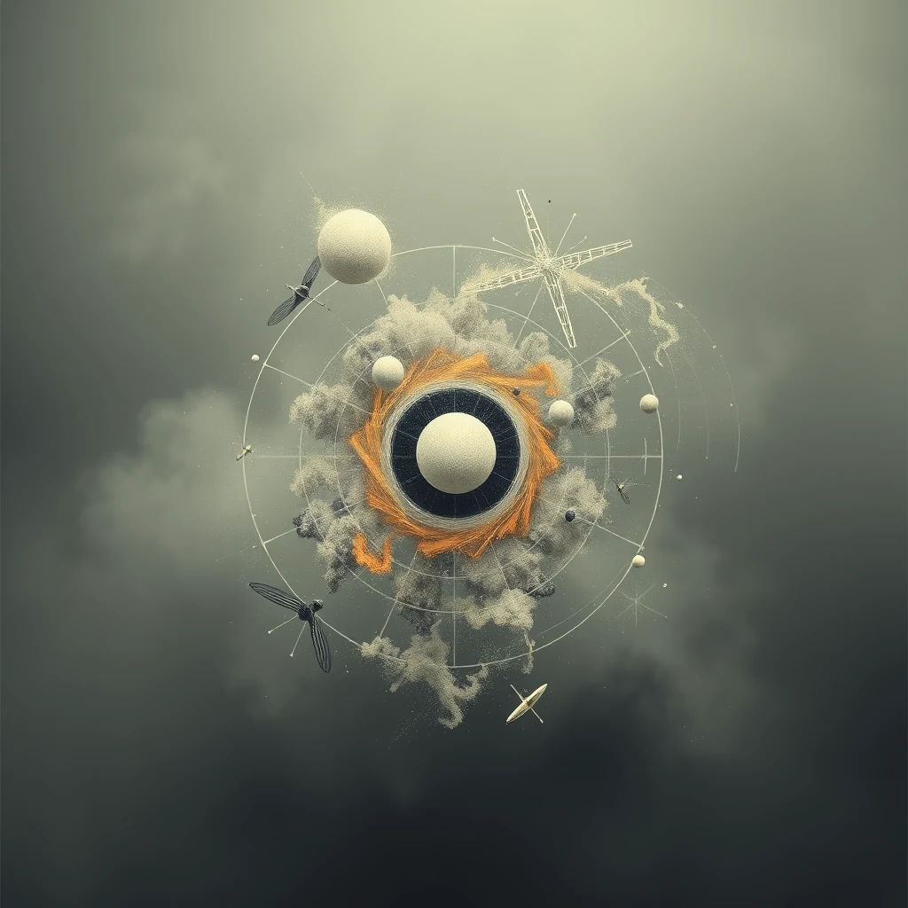 The image depicts a conceptual representation of the General Theory of Relativity, showing a central black circle surrounded by an orange hexagonal structure, with spheres and abstract shapes orbiting around it, symbolizing the curvature of spacetime and its effects on objects.