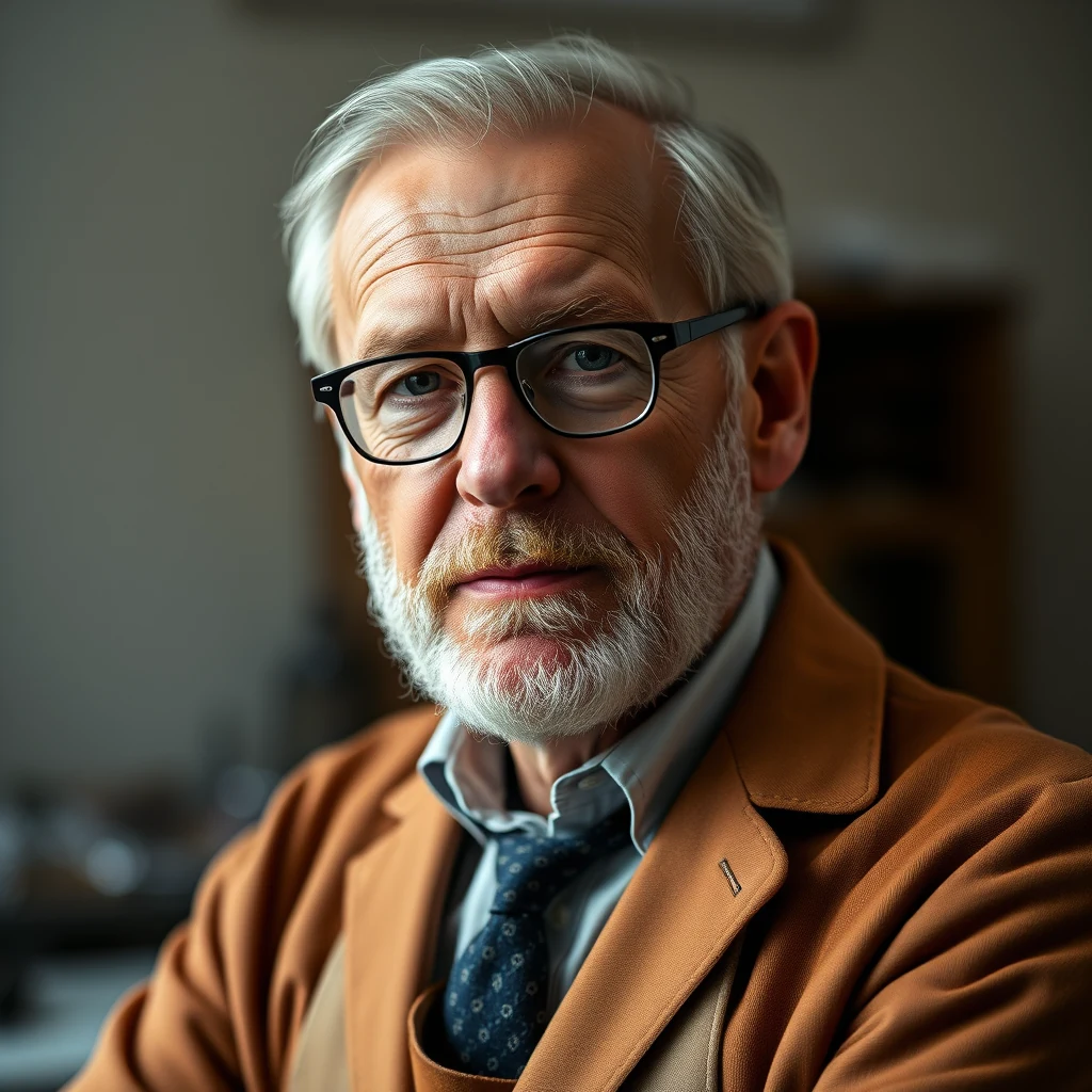 A man with gray hair and glasses wears a brown jacket over a light blue shirt and patterned tie, exuding a scholarly and professional demeanor.