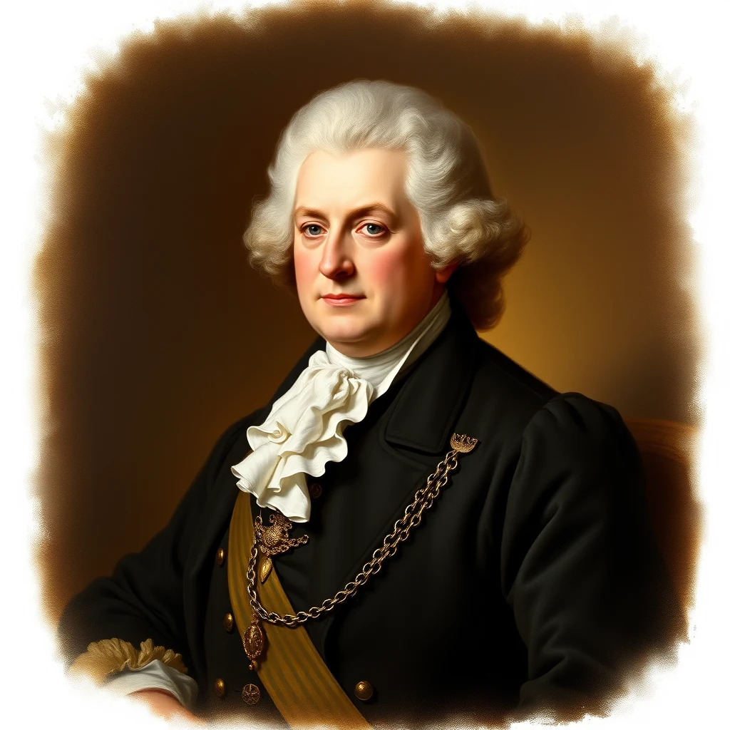 A portrait depicts George III, dressed in formal attire with a white ruffled cravat and a gold chain, set against a warm-toned background.