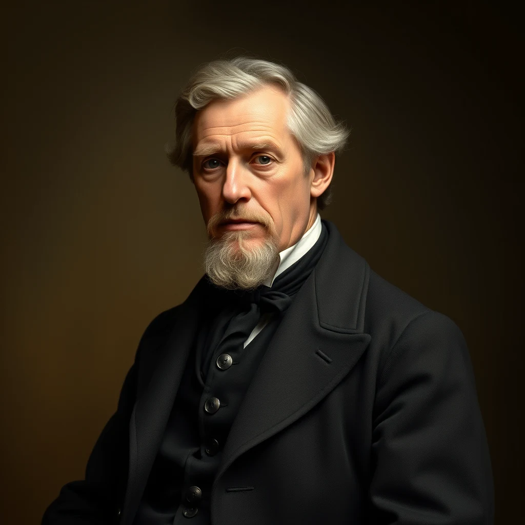 A portrait of George Stephenson, an English engineer from 1781 to 1848, dressed in formal attire with a serious expression, set against a dark background.