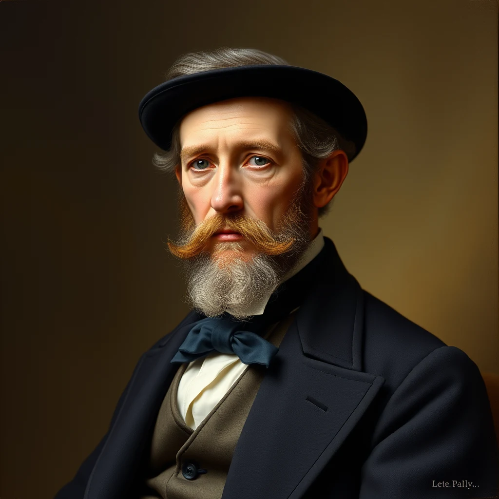 A portrait depicts George Washington Whistler, an American civil engineer from the 19th century, wearing formal attire with a bow tie and hat, set against a warm-toned background.