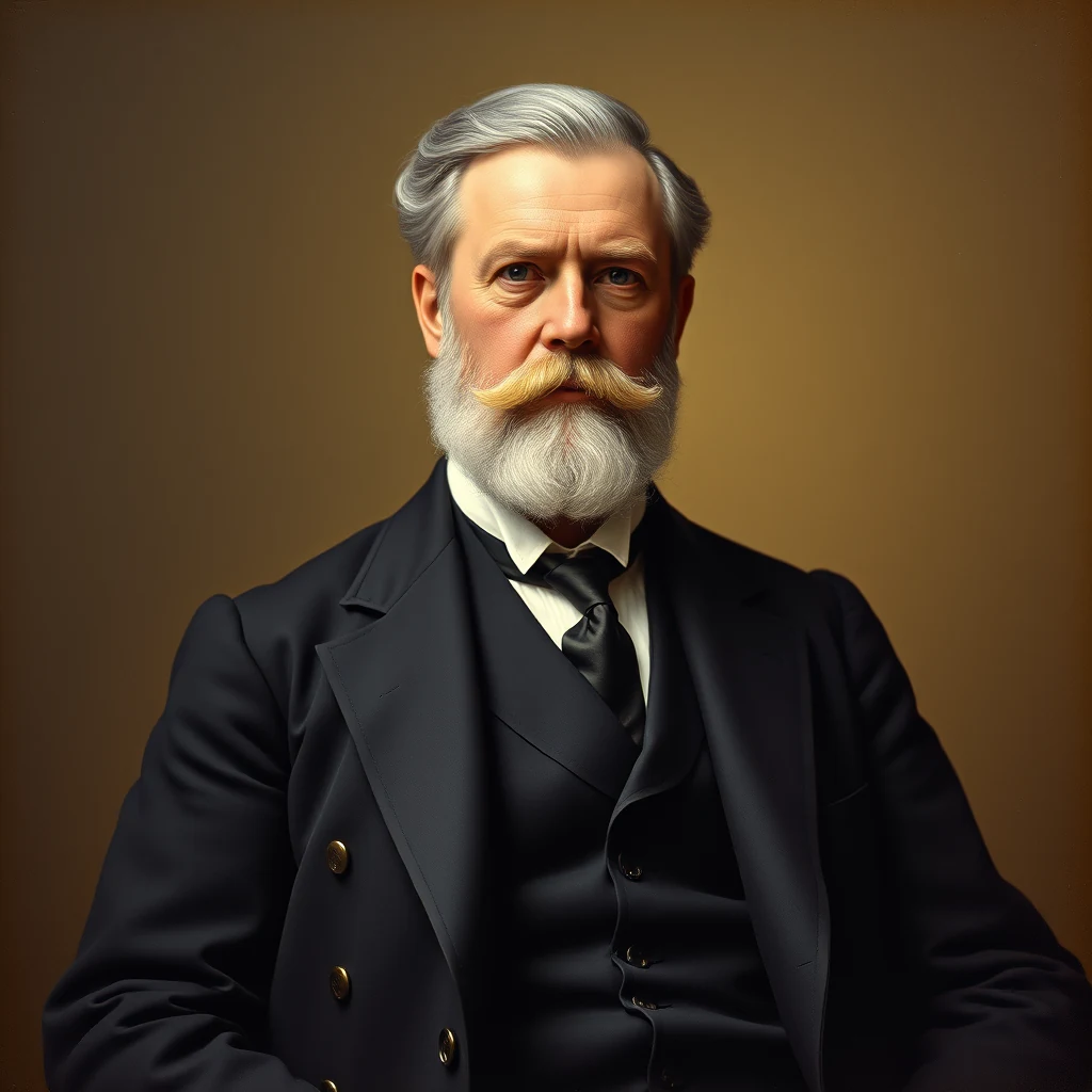 A formal portrait of an older man with gray hair and a mustache, dressed in a dark suit with a white shirt and black tie, set against a warm, neutral background.