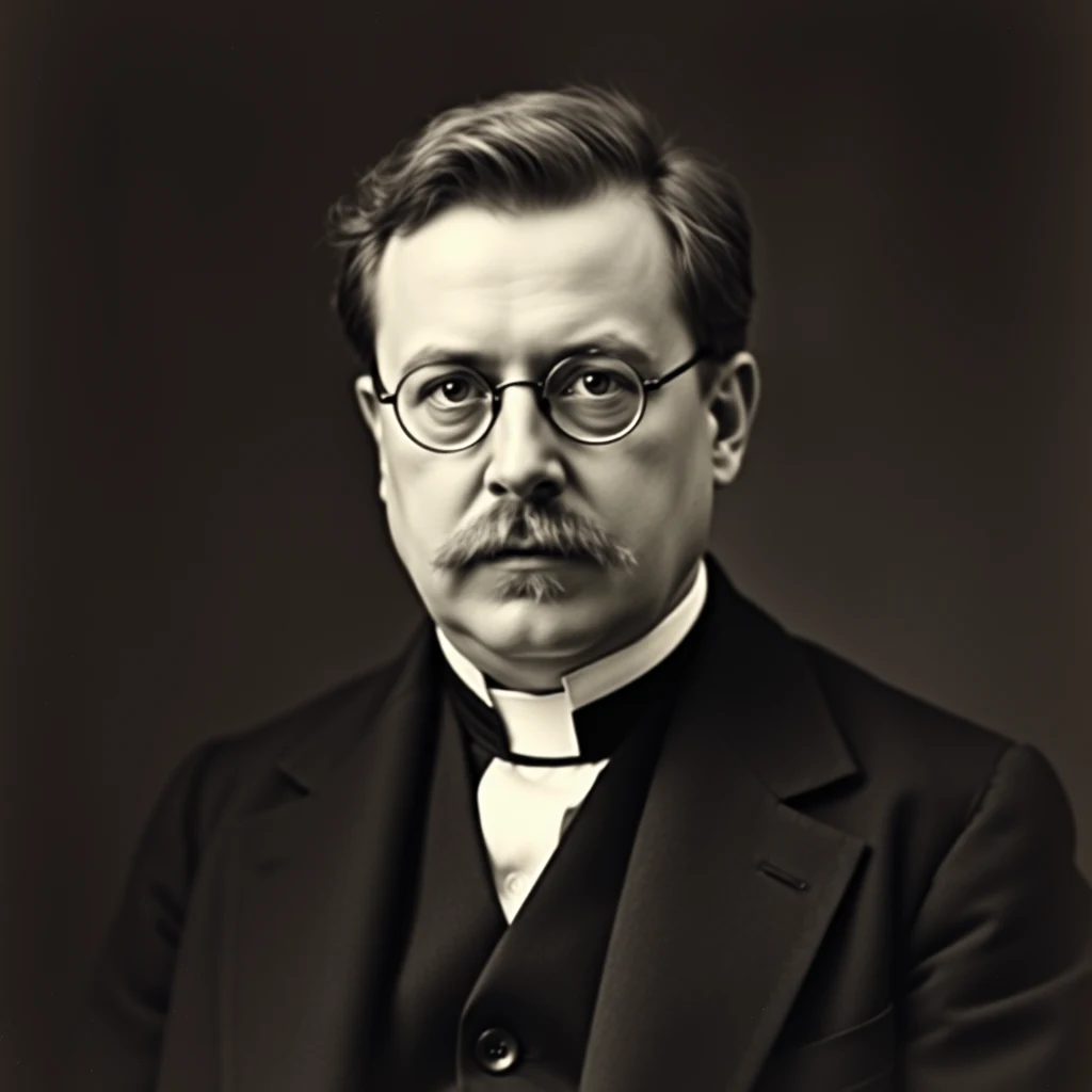 A black-and-white portrait of Georges Lemaître, a Belgian Catholic priest, engineer, and theoretical physicist, wearing a clerical collar and formal attire, with a serious expression.