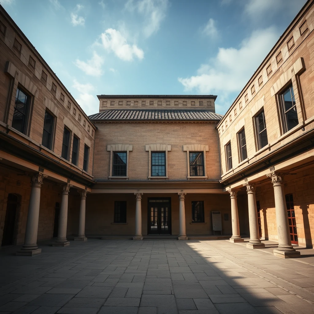 A courtyard with classical architecture featuring columns and large windows under a clear blue sky.