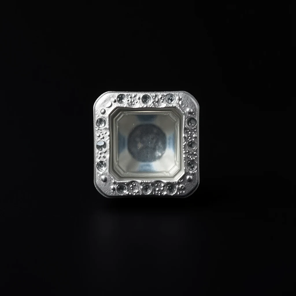 A square, metallic object with a central hexagonal cutout and surrounding small, embedded gemstones is displayed against a black background.