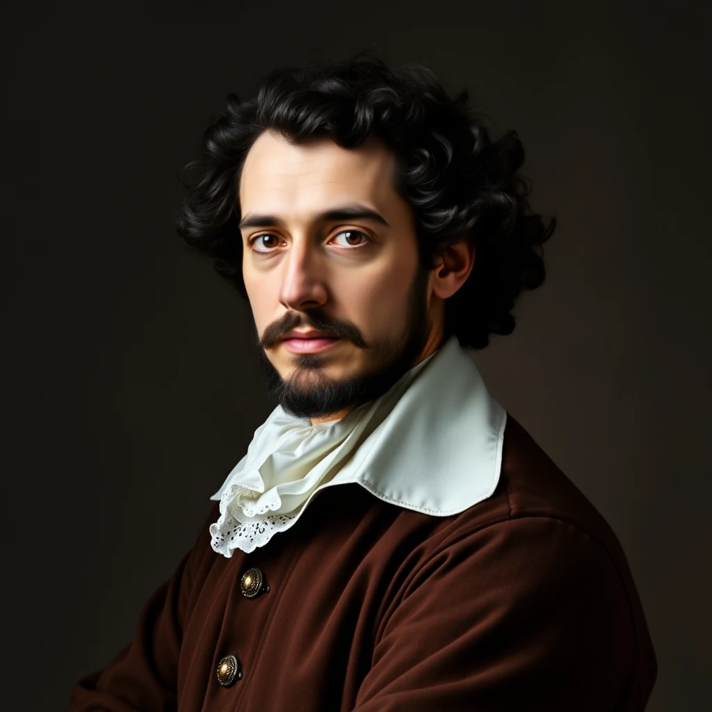 A man with curly dark hair and a beard wears a brown jacket with a white ruffled collar, reminiscent of historical European attire.