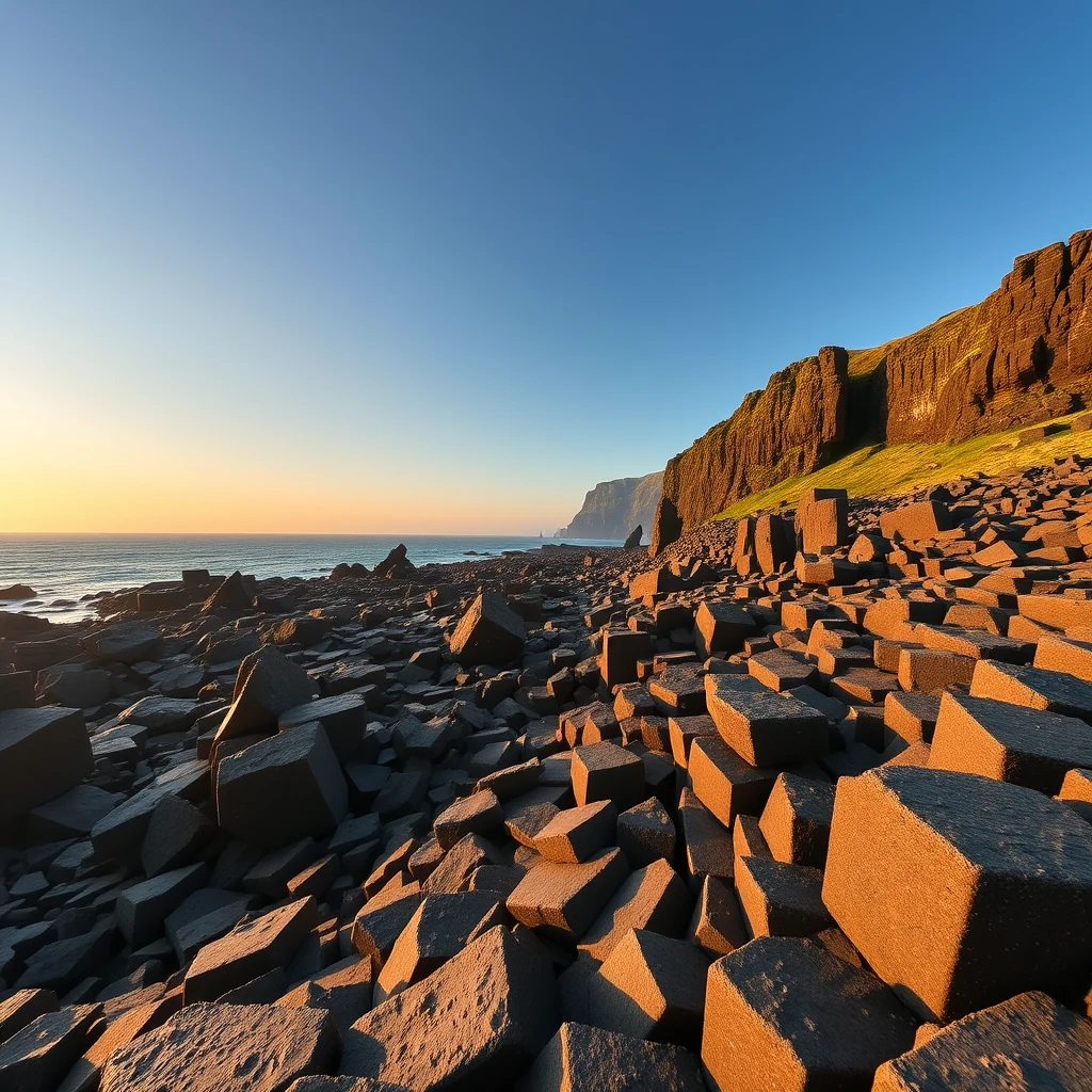Hexagonal basalt columns stretch towards the ocean at the Giant's Causeway, a striking coastal landscape in County Antrim, Northern Ireland.