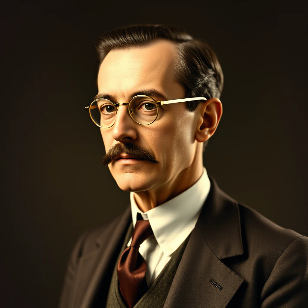 A man with neatly combed dark hair, wearing round glasses, a white shirt, a brown tie, and a dark suit jacket, stands against a dark background.