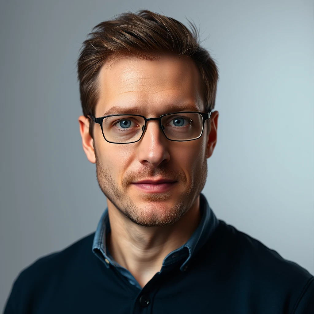 A man with short brown hair and glasses, wearing a dark blue collared shirt, stands against a neutral background.