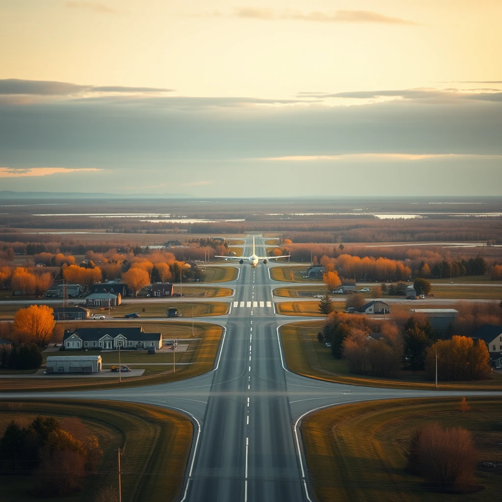 A small town with a runway intersecting through its center, surrounded by autumn-colored trees and houses, under a soft, golden sky.