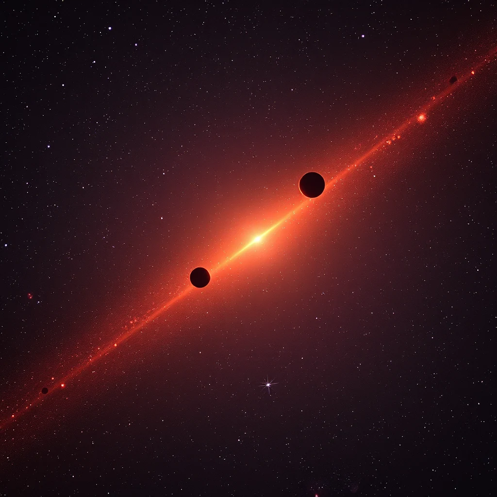 A red dwarf star in the constellation Camelopardalis, emitting a bright orange glow, with two planets visible in its orbit against a backdrop of stars.