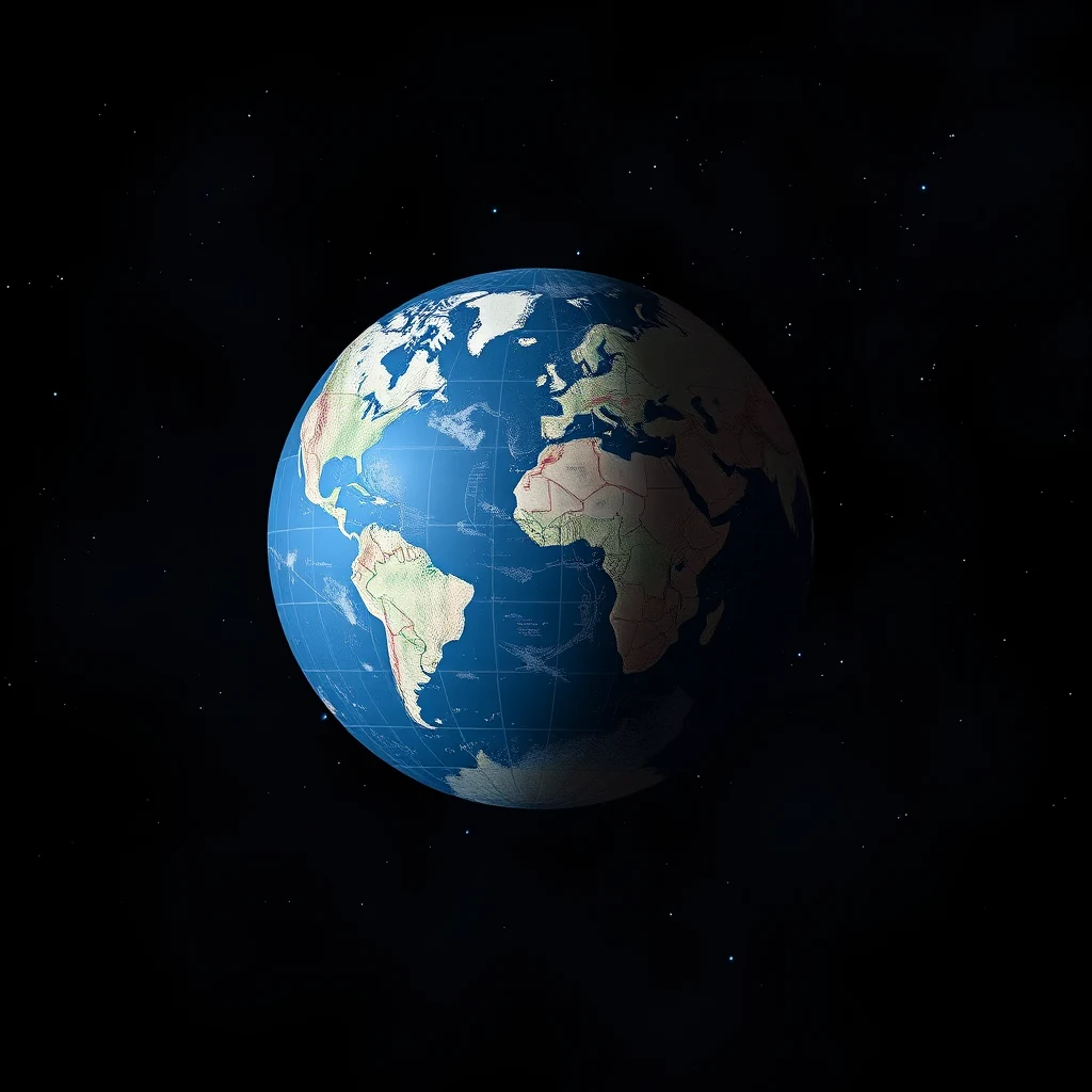 A globe with a grid overlay, depicting the continents of North America, South America, Europe, and Africa, set against a starry night sky.