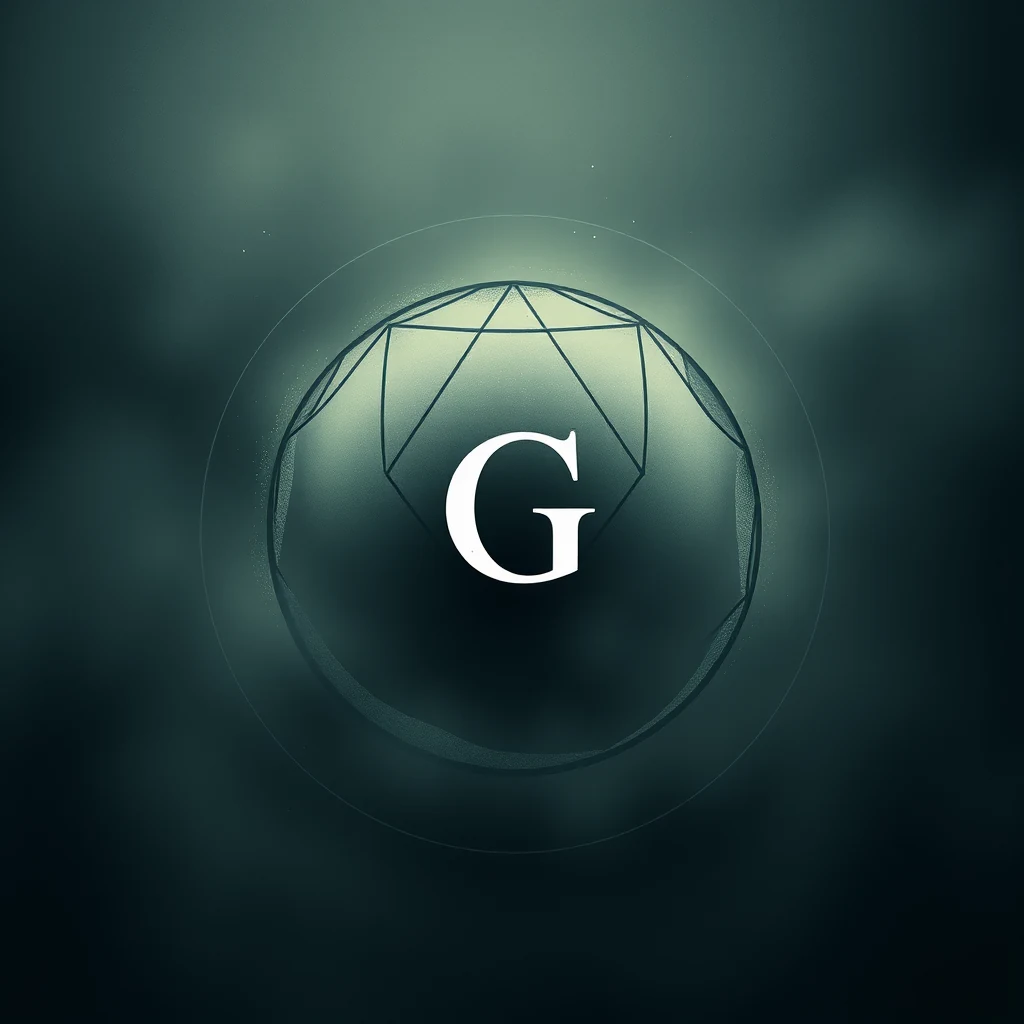 The image depicts a geometric sphere with a grid overlay and the letter "G" prominently displayed, symbolizing the gravitational constant in scientific concepts.
