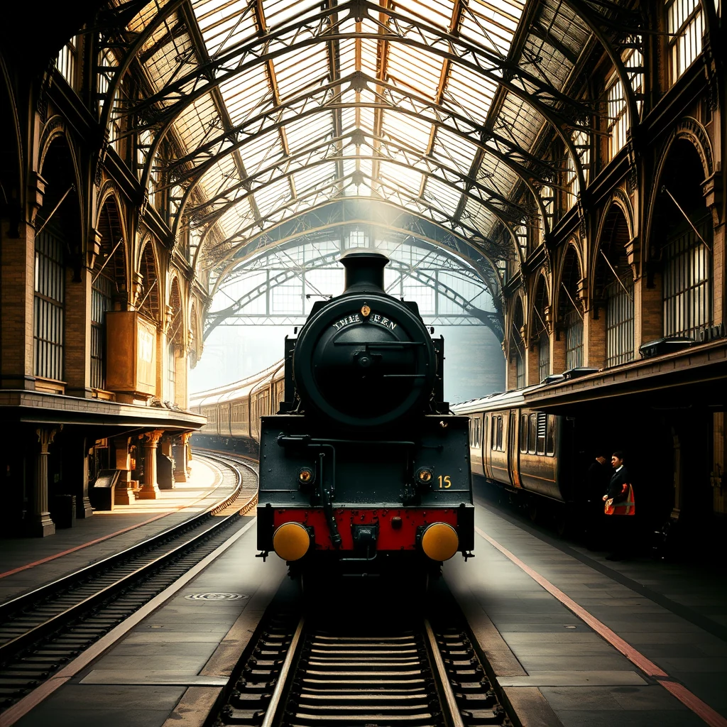A vintage steam locomotive numbered 15 is stationed at a grand Victorian-era train station with arched windows and intricate ironwork, bathed in warm sunlight streaming through the glass roof.