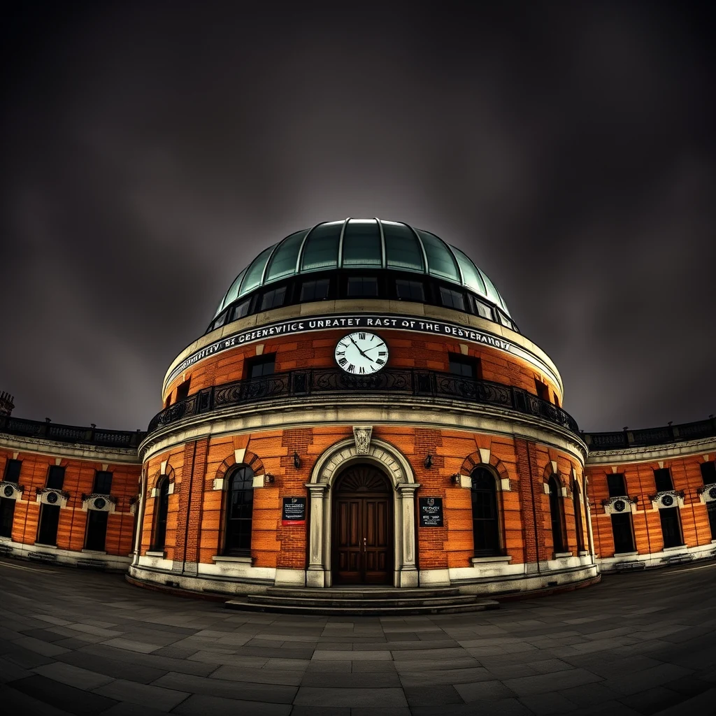 A historic observatory with a prominent clock and dome stands under a dark sky, showcasing its architectural details and red brick facade.