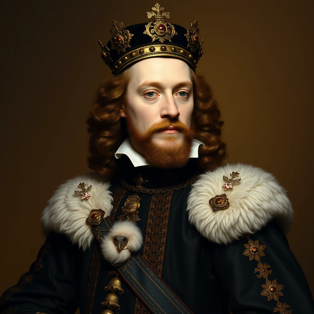 A regal figure wearing a black crown adorned with gold and jewels, dressed in an ornate dark blue robe with fur-lined shoulders and intricate gold embroidery, symbolizes Gustav II Adolf, the Swedish king known for his military prowess during the Thirty Years' War.