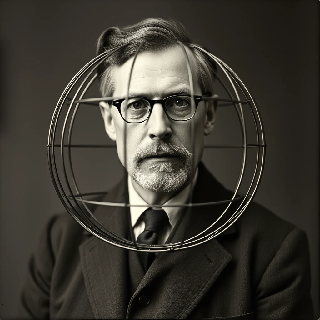 A man wearing glasses and a suit stands behind a circular metal structure resembling an orientation cage, symbolizing Gustav Kramer's invention used to study bird migration.
