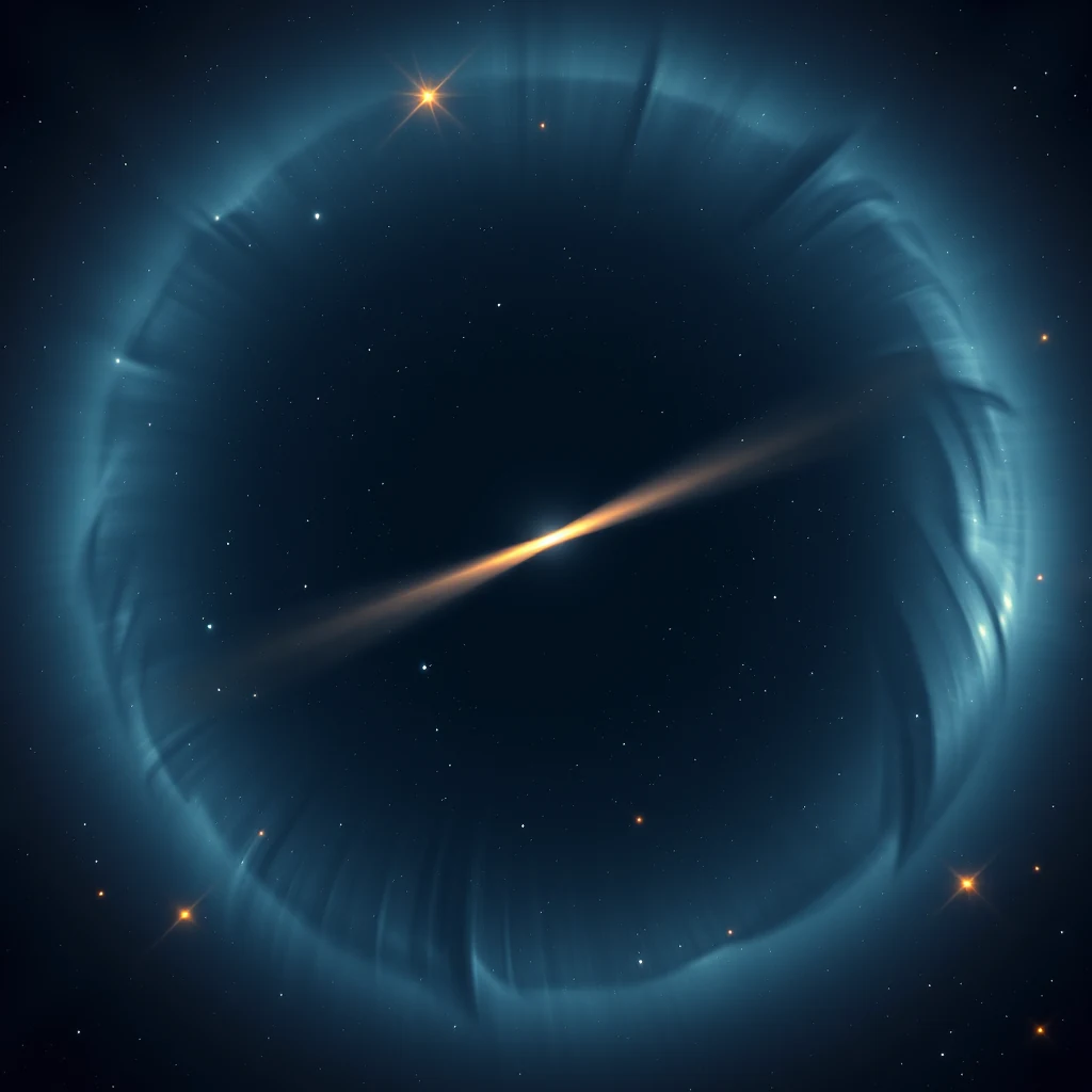 A glowing ring of light with a bright streak in the center, set against a starry backdrop, represents the gravitational-wave signal from GW170817, a binary neutron-star merger detected by LIGO and Virgo.