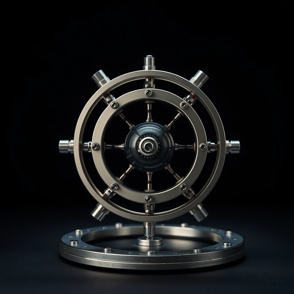 A metallic gyroscope with a central spinning component and multiple gimbals is displayed against a dark background.