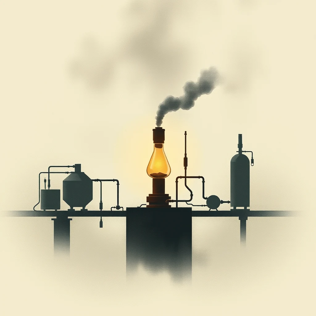 A factory-like setup with interconnected pipes and a glowing bulb emitting smoke symbolizes the Haber-Bosch process, illustrating the industrial synthesis of ammonia from nitrogen and hydrogen.
