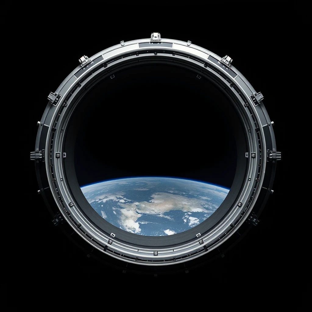 A circular window reveals Earth from space, showcasing the planet's blue oceans and white clouds against the blackness of space.