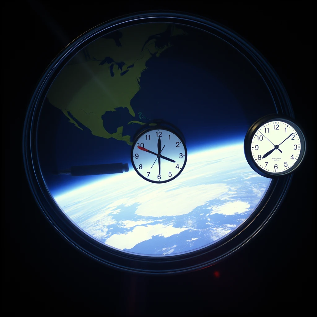 Two atomic clocks are displayed against a backdrop of Earth from space, illustrating the Hafele–Keating experiment to demonstrate relativistic time dilation.