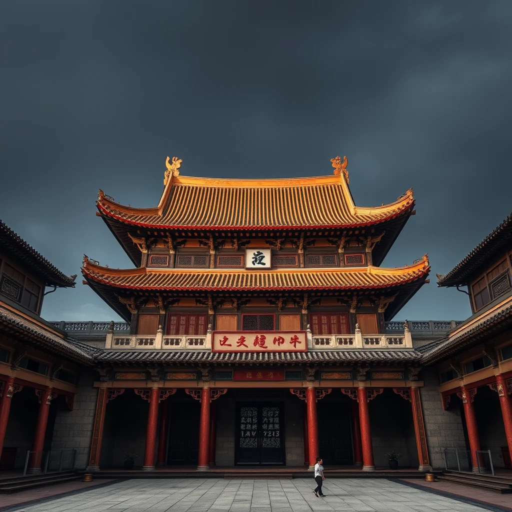 A grand, traditional Chinese building with ornate red pillars and golden roofs stands under a dark sky, symbolizing the Han dynasty, known for its significant contributions to early Chinese civilization.