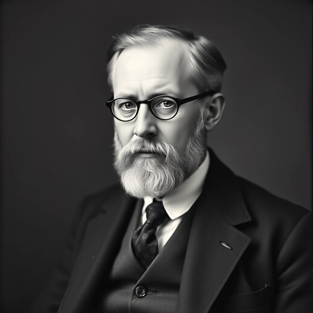 A black-and-white portrait of Hans Geiger, wearing glasses and a formal suit, with a thoughtful expression.