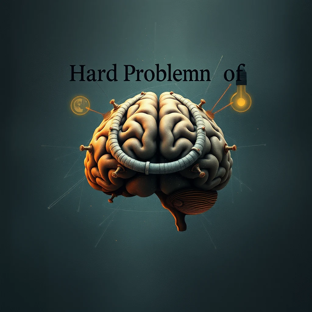 A brain with a ring around it and a lightbulb, symbolizing the "Hard Problem of Consciousness," which explores why physical processes in the brain are accompanied by subjective experience.