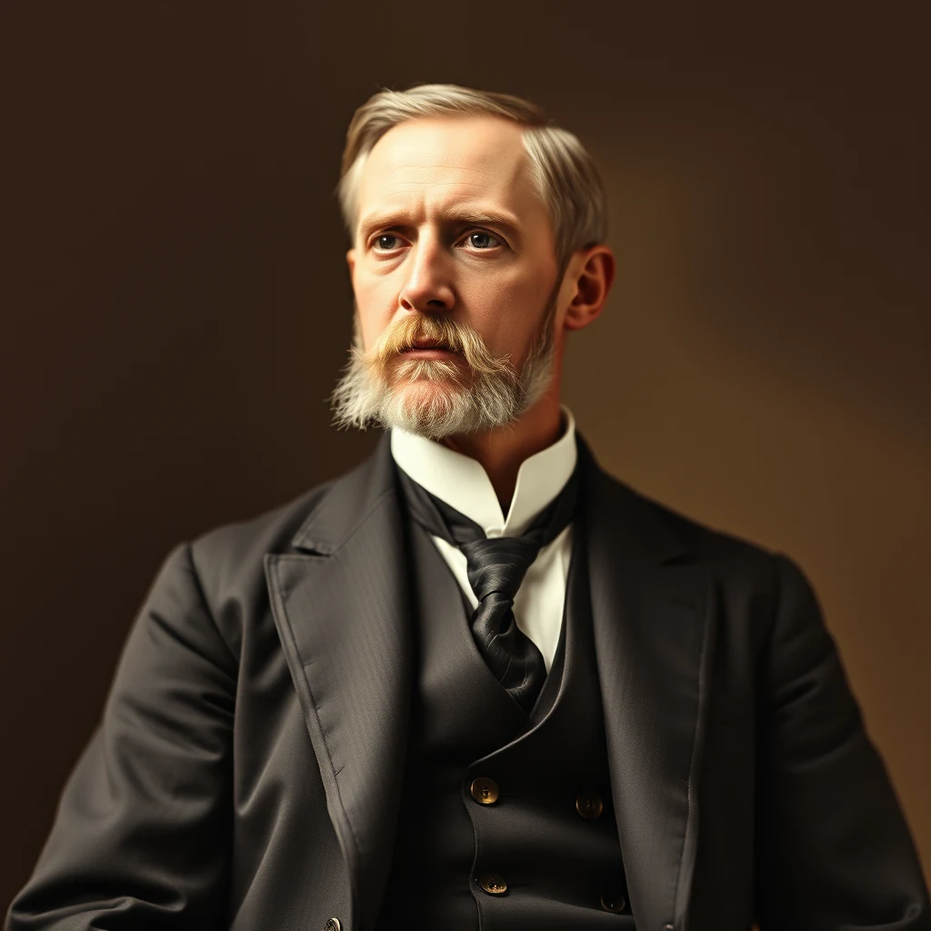 Harold P. Brown, an American electrical engineer and Edison contractor, is depicted wearing formal attire with a white shirt, black vest, and tie, set against a dark background.