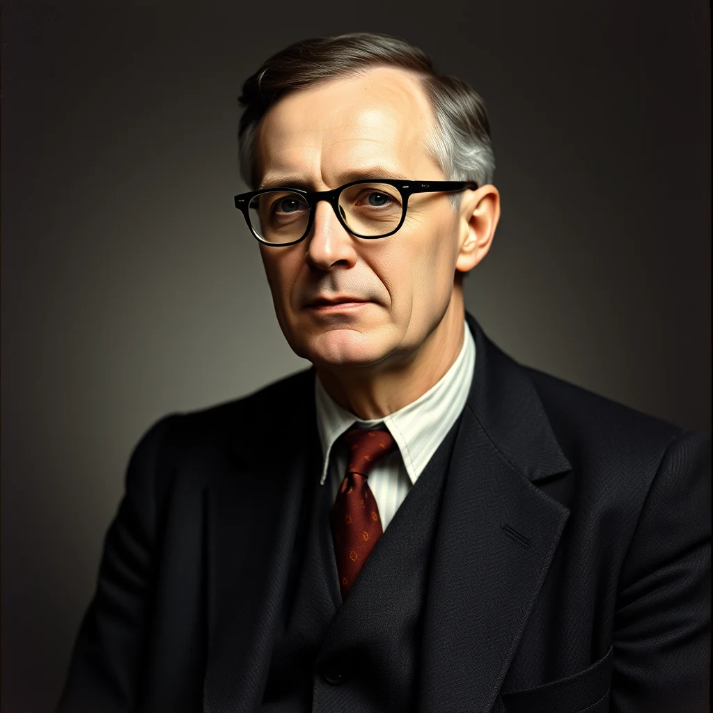 A man wearing glasses and a dark suit with a red tie stands against a dark background.
