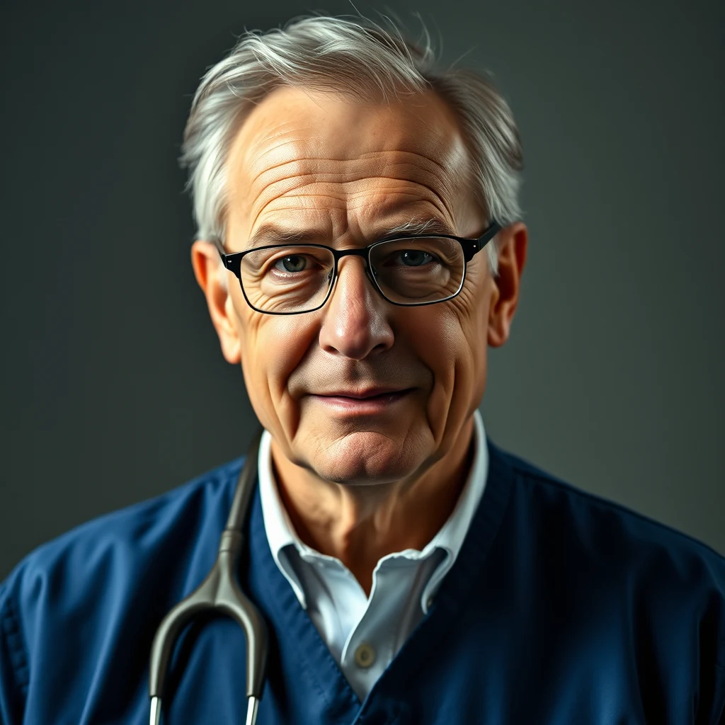 A person wearing glasses and a blue medical uniform with a stethoscope around their neck stands against a dark background.