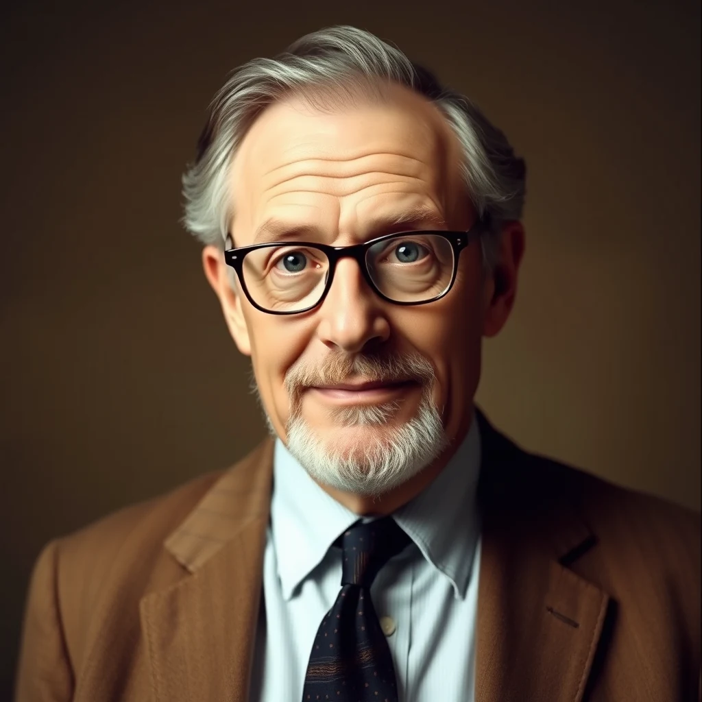 A man with gray hair and glasses, wearing a brown suit jacket over a light blue shirt and patterned tie, smiles warmly against a neutral background.