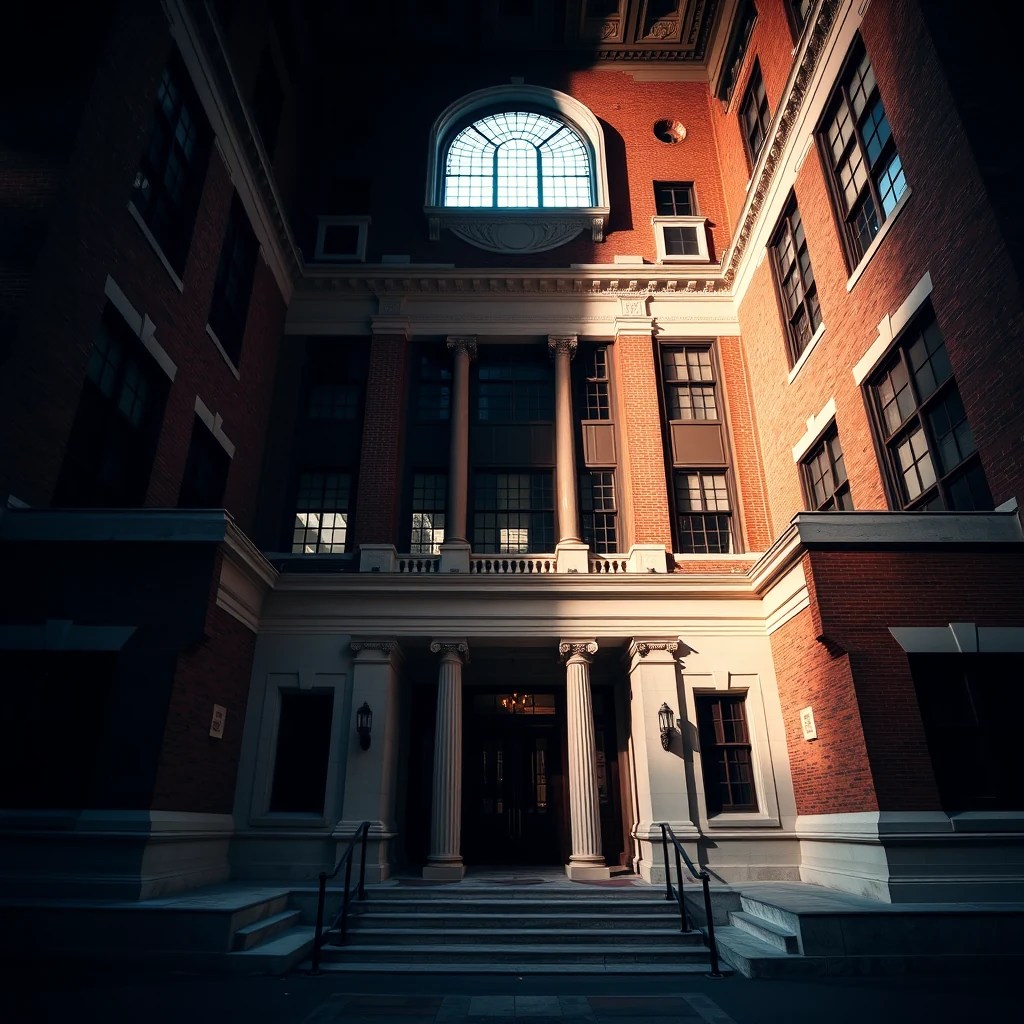 A grand brick building with classical architecture features a central arched window and columns, leading to an entrance with steps and railings, bathed in warm sunlight.