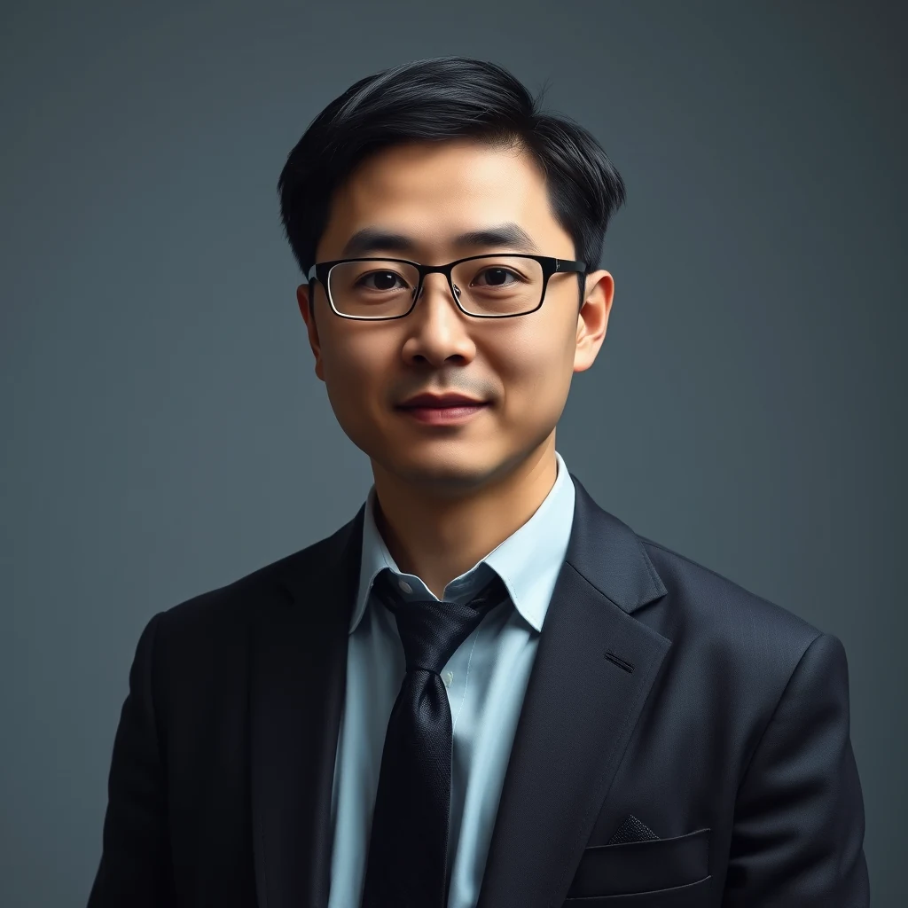 A man wearing glasses, a dark suit, light blue shirt, and black tie stands against a gray background.