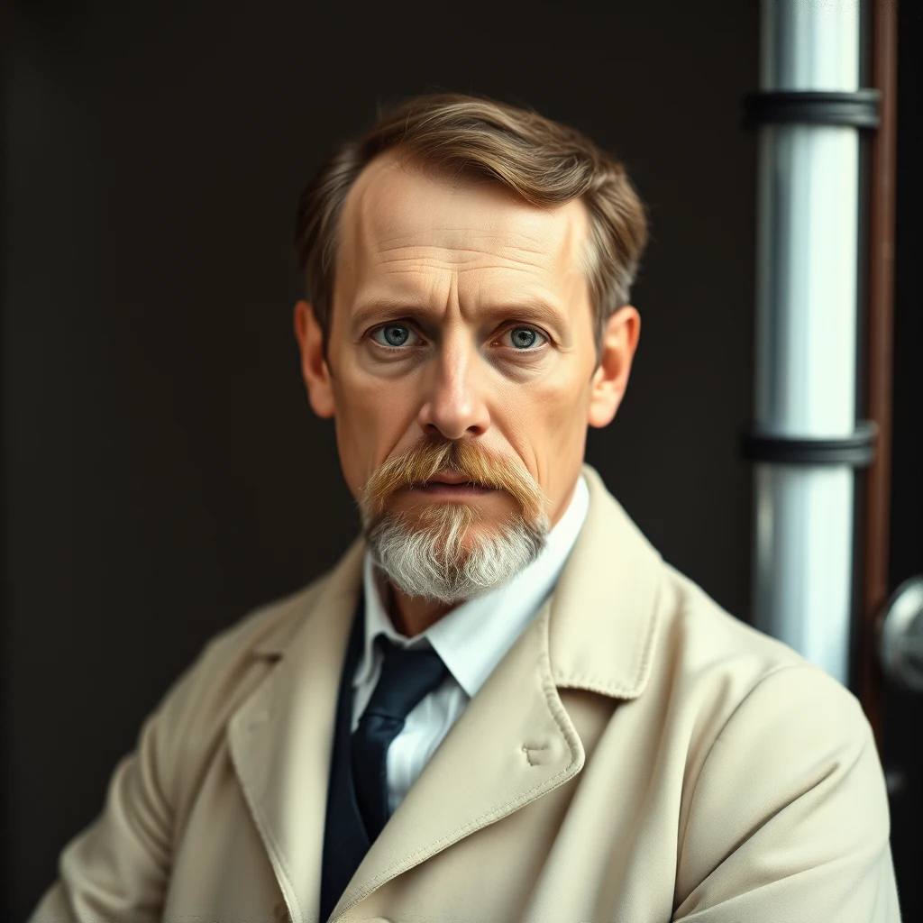 A man with light skin, blue eyes, and a neatly groomed mustache and beard, wearing a beige trench coat over a white shirt and dark tie, stands against a dark background.