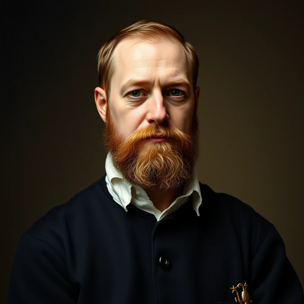 A man with a reddish-brown beard and short hair, wearing a dark jacket over a white shirt, stands against a neutral background.