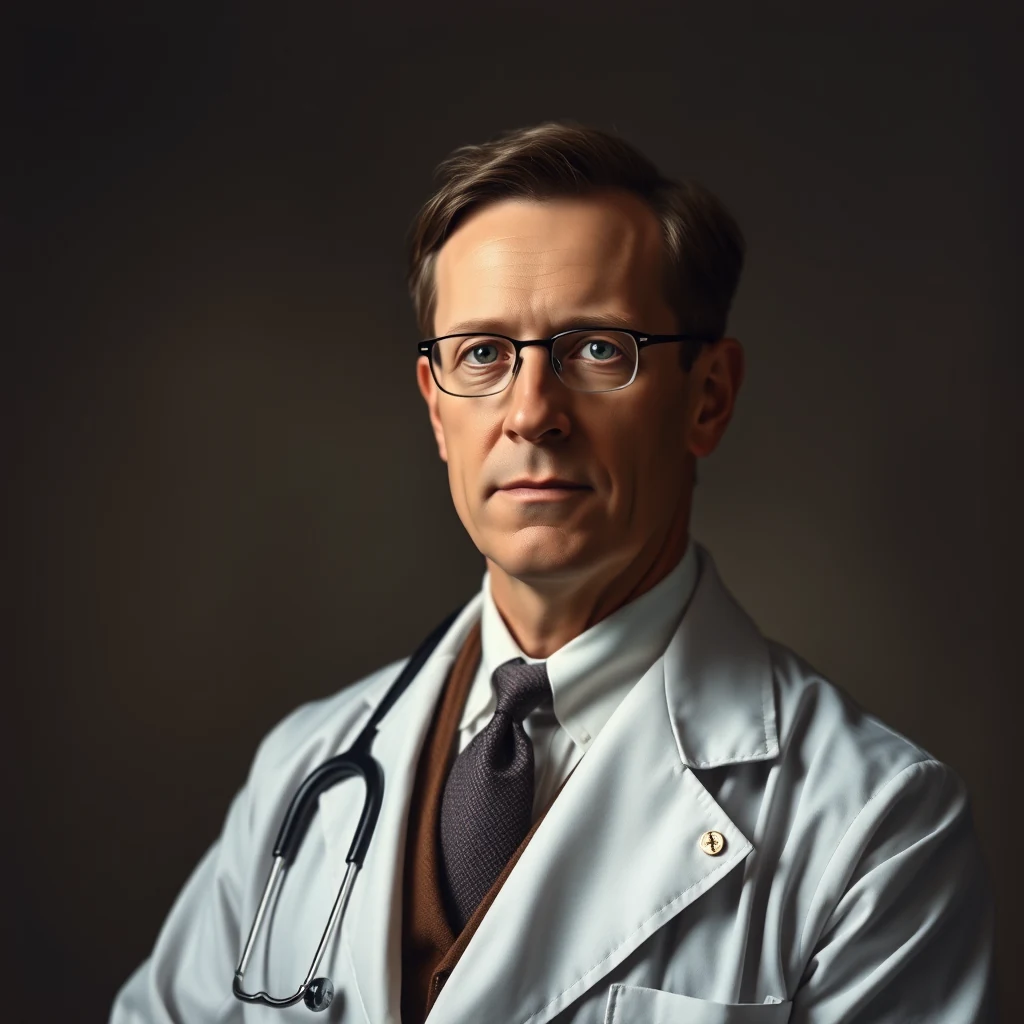 A man wearing glasses and a white lab coat with a stethoscope around his neck stands against a dark background.