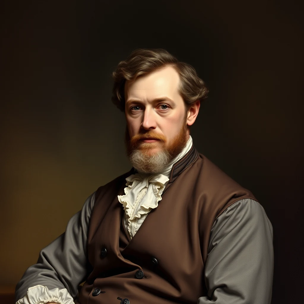 A portrait depicts a man with a beard and formal attire, wearing a brown vest over a white shirt with ruffled collar, set against a dark background.