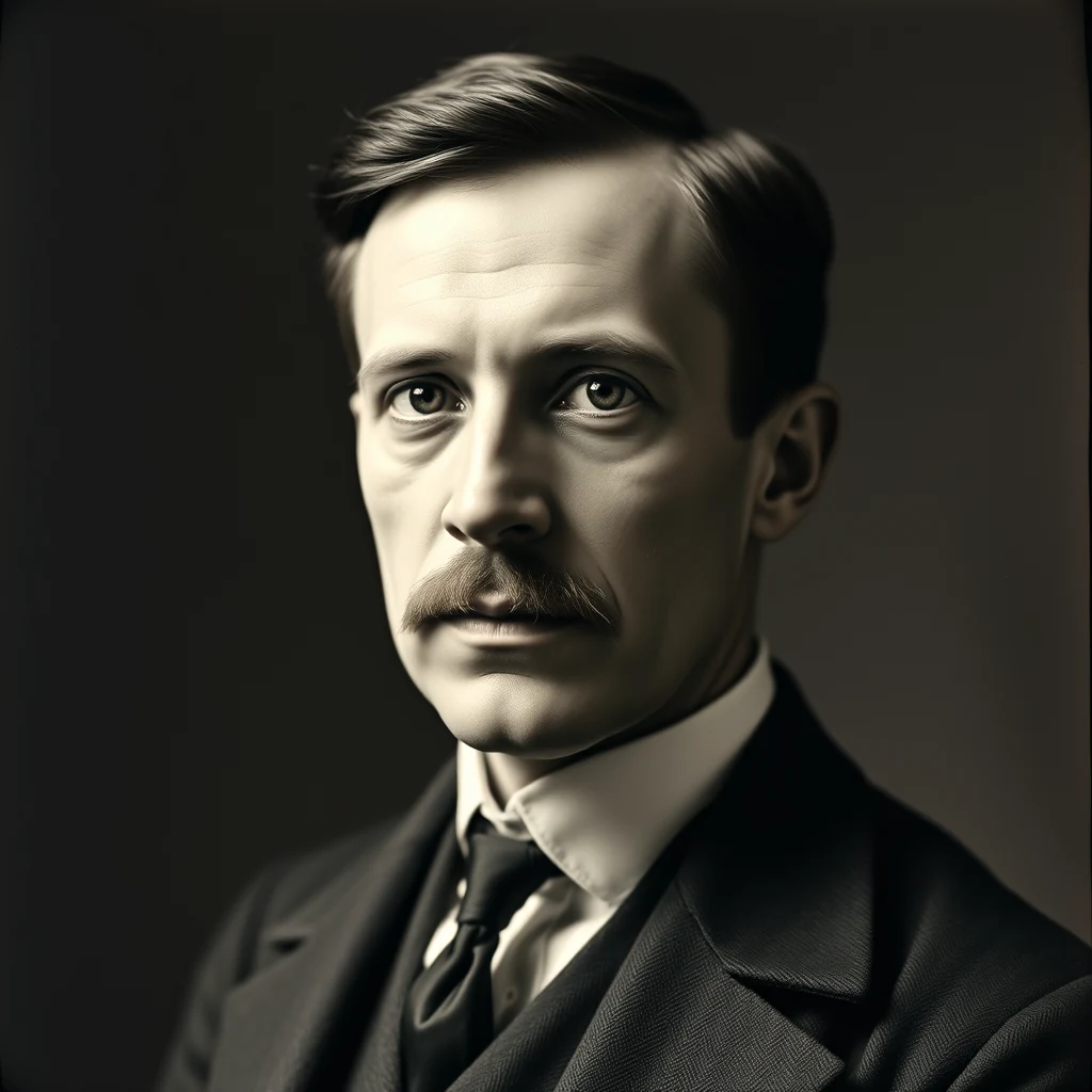 A man in formal attire with a mustache and neatly combed hair, wearing a suit and tie, stands against a dark background.
