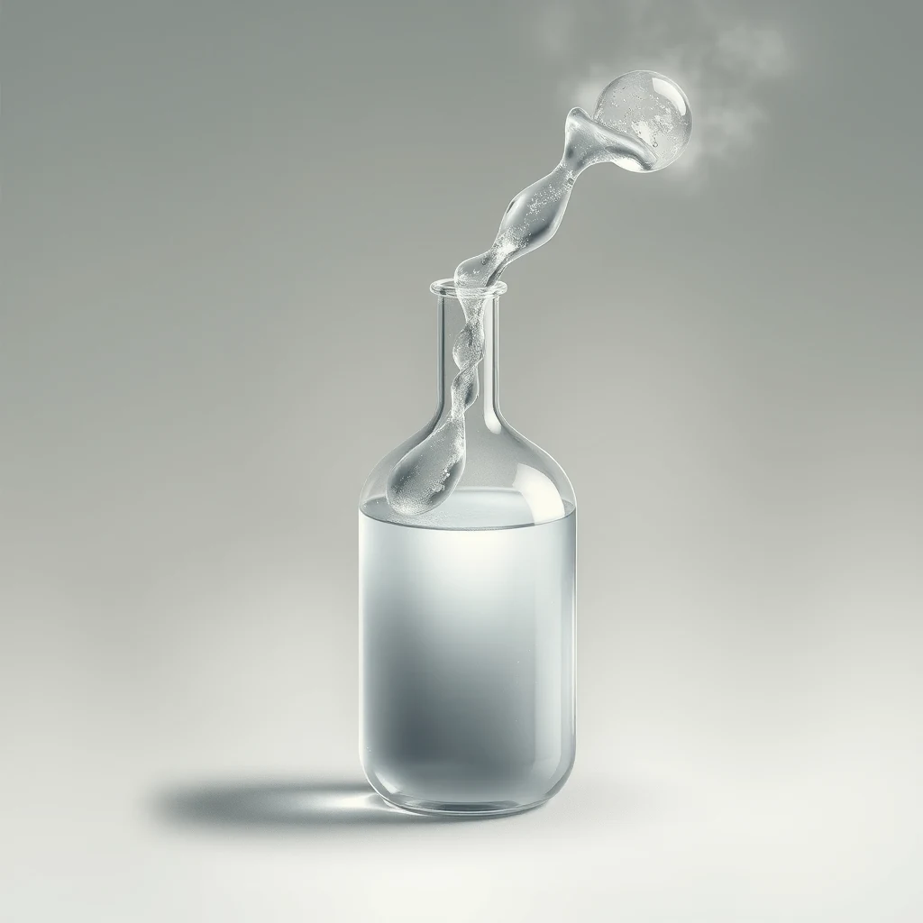 A transparent flask with a twisted neck and a spherical bubble at the top, emitting vapor, symbolizes hexafluoroisopropanol, a volatile, fluorinated alcohol used in advanced polymer chemistry.