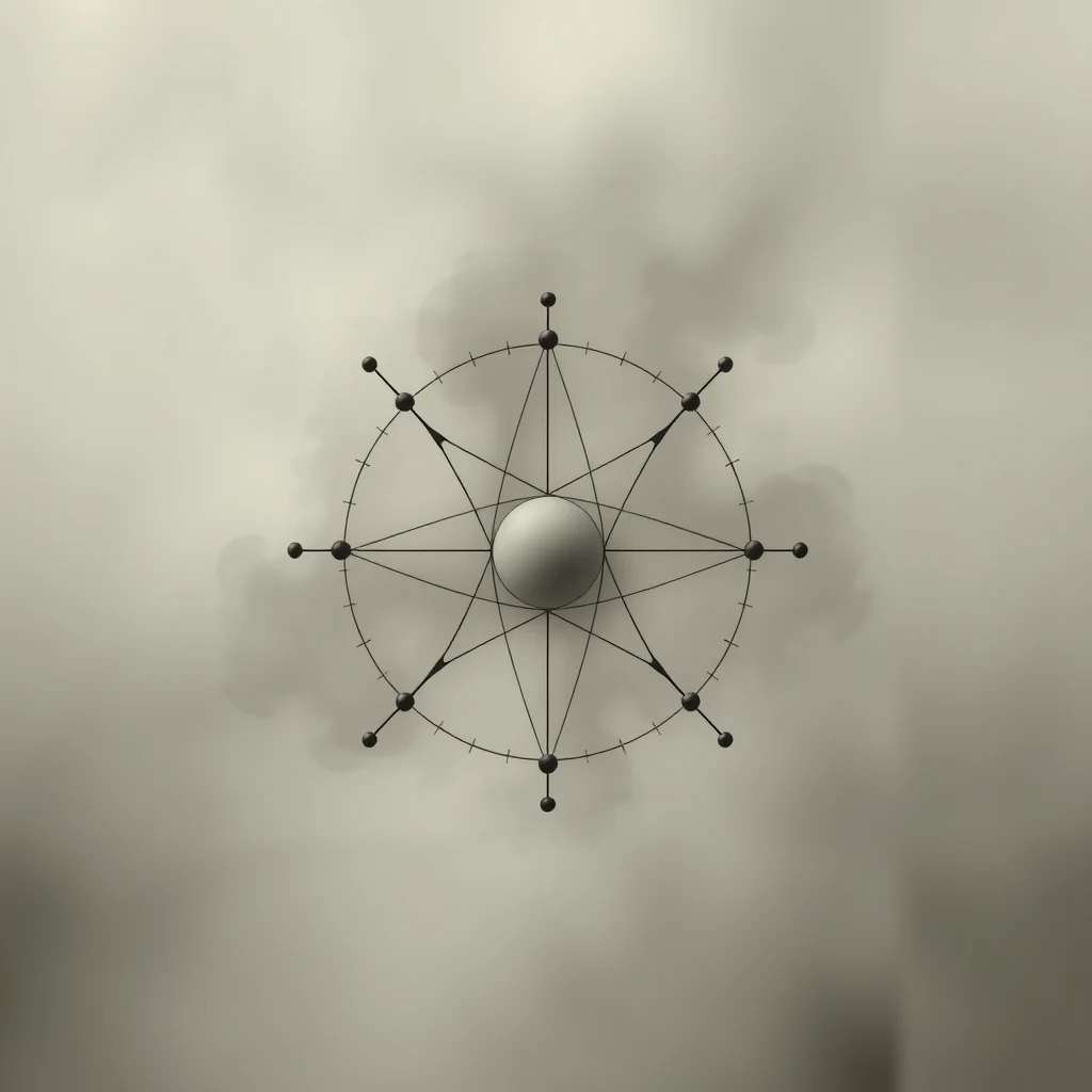 A geometric representation of the Hilbert-Pólya conjecture, featuring a central sphere surrounded by a network of interconnected points and lines, symbolizing the relationship between the zeta function's non-trivial zeros and the eigenvalues of a self-adjoint operator.