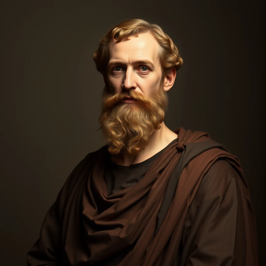 A man with curly blonde hair and a full beard, dressed in a draped brown garment, stands against a dark background, evoking the appearance of ancient Greek attire.