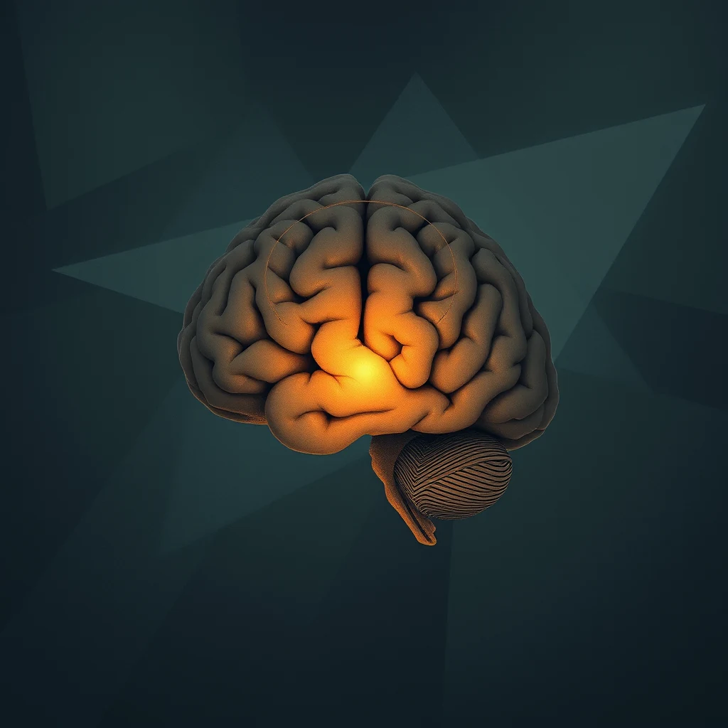 A detailed illustration of the hippocampus, a key brain structure located deep within the temporal lobe, highlighted with a glowing center against a geometric background.