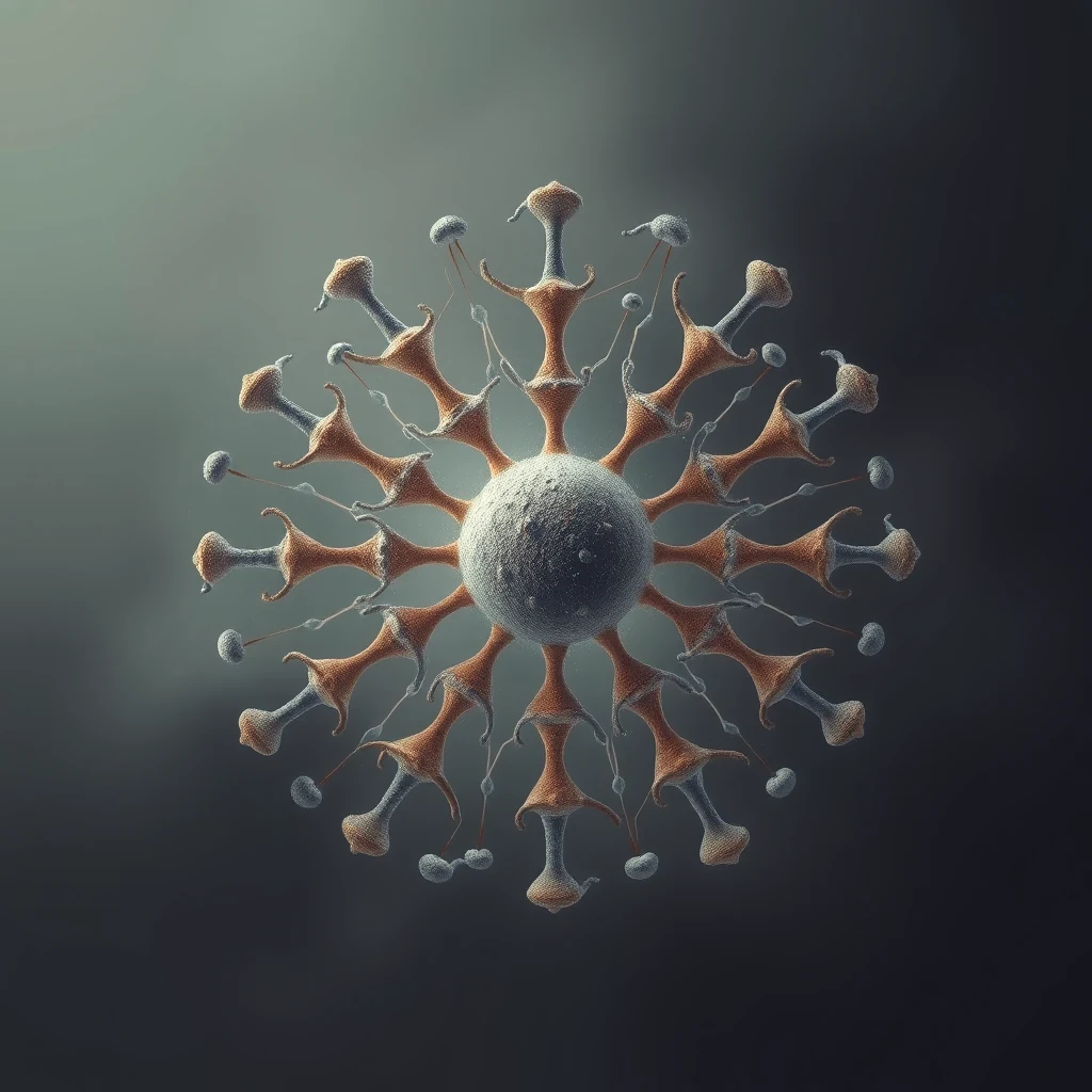 The image depicts a histone complex, showcasing small, positively charged proteins extending outward from a central sphere, resembling a molecular structure designed to compact DNA within a cell's nucleus.