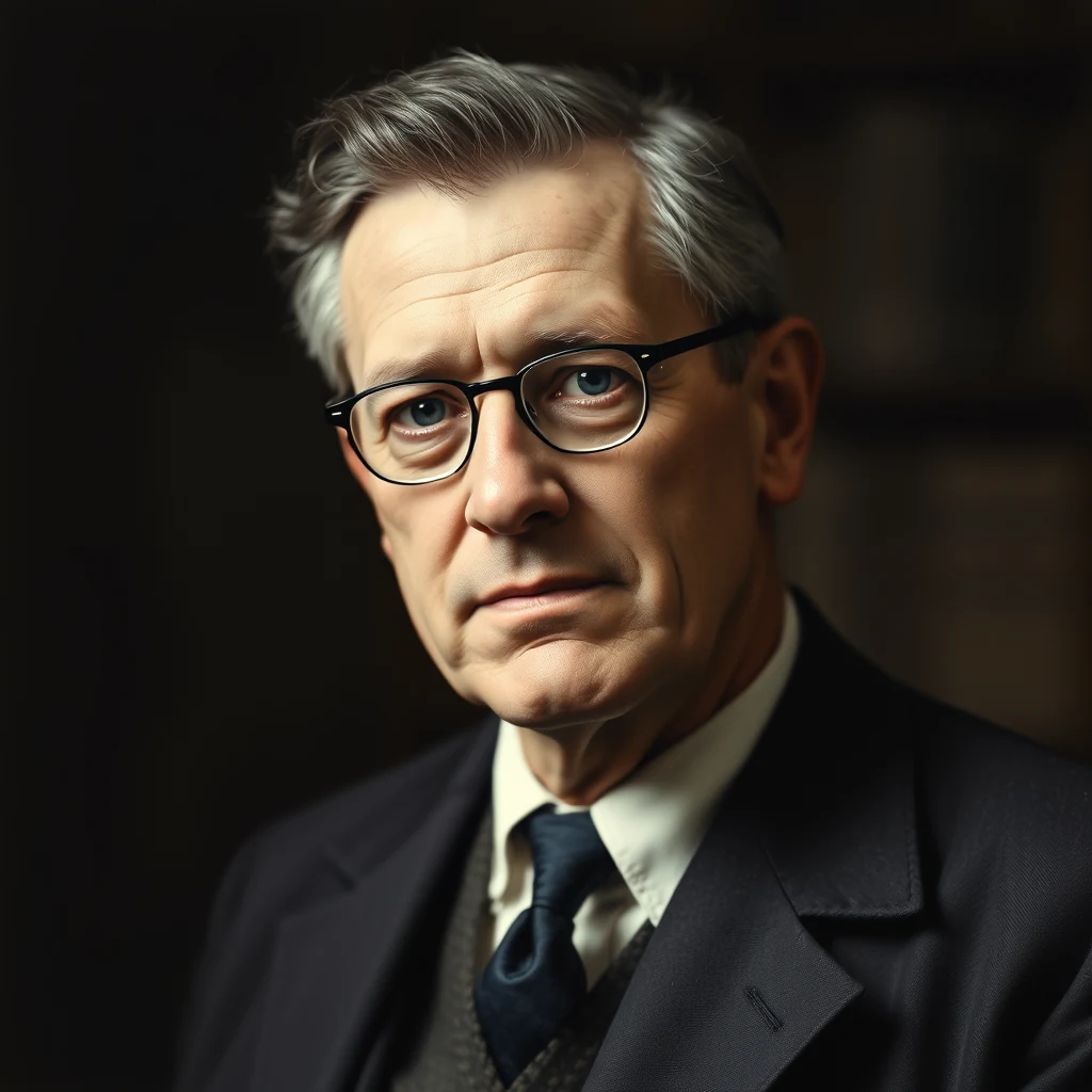 A man with gray hair and glasses, dressed in a dark suit and tie, stands against a dark background, exuding a serious demeanor.